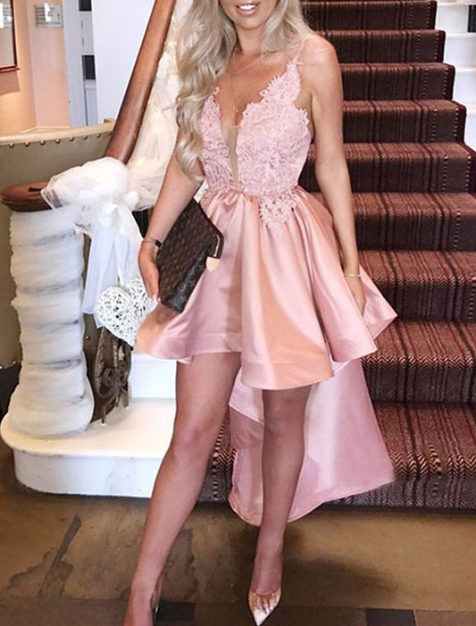 A-Line Homecoming Dresses High Low Dress Graduation Cocktail Party Asymmetrical Sleeveless Spaghetti Strap Pink Dress Charmeuse with Appliques 2026
