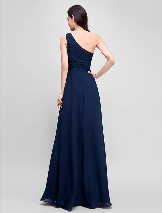 Sheath / Column Empire Dress Wedding Guest Formal Evening Floor Length Sleeveless One Shoulder Bridesmaid Dress Chiffon with Ruched Beading