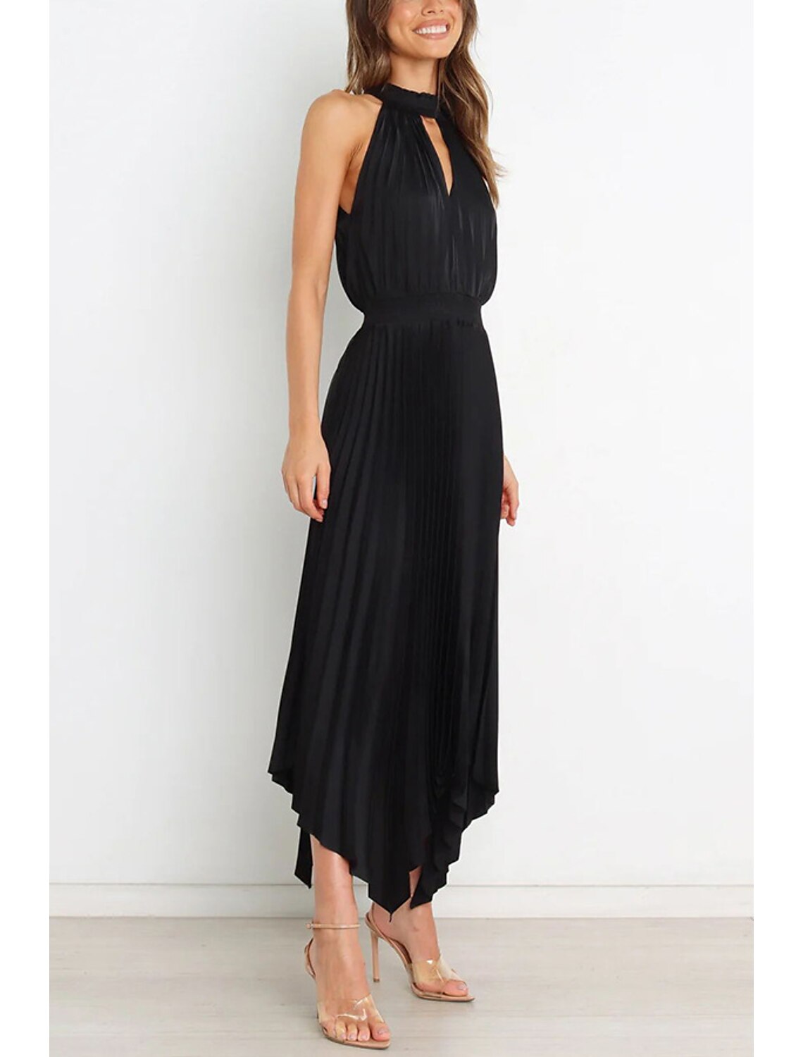 A-Line Party Dresses Casual Dress Homecoming Wedding Guest Asymmetrical Sleeveless Halter Neck Satin with Pleats