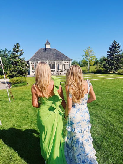 White Blue Floral A-Line Prom Dresses Long Prom Gowns