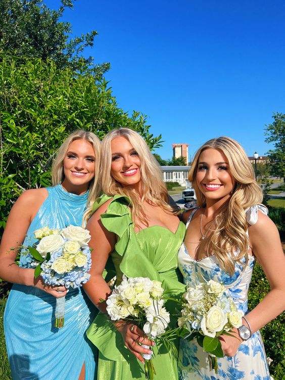 White Blue Floral A-Line Prom Dresses Long Prom Gowns
