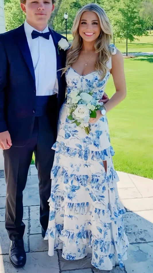 White Blue Floral A-Line Prom Dresses Long Prom Gowns