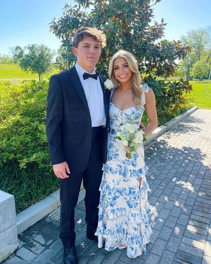 White Blue Floral A-Line Prom Dresses Long Prom Gowns