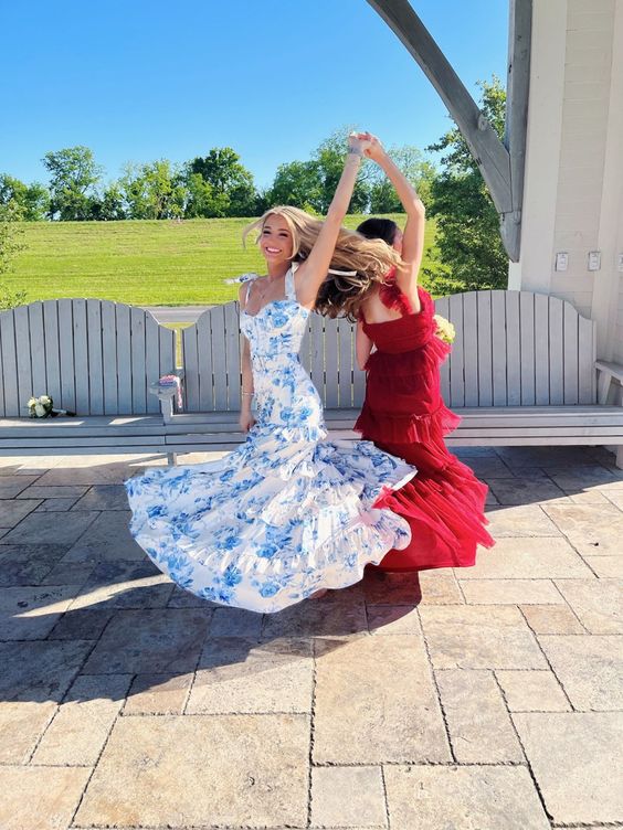 White Blue Floral A-Line Prom Dresses Long Prom Gowns