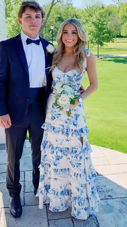 White Blue Floral A-Line Prom Dresses Long Prom Gowns