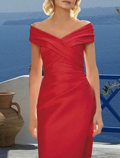 Sheath / Column Cocktail Dresses Elegant Dress Wedding Guest WorkWear Knee Length Short Sleeve Off Shoulder Fabric with Appliques 2026
