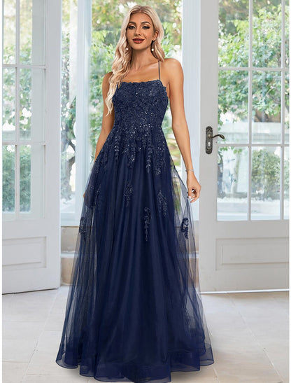 A-Line Sheath / Column Evening Gown Floral Dress Formal Wedding Guest Floor Length Sleeveless Spaghetti Strap Tulle with Sequin Appliques