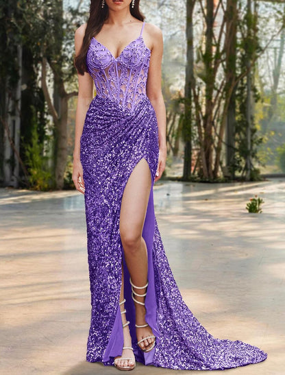 Mermaid / Trumpet Prom Dresses Corsets Dress Formal Wedding Guest Floor Length Sleeveless Spaghetti Strap Sequined with Slit Appliques
