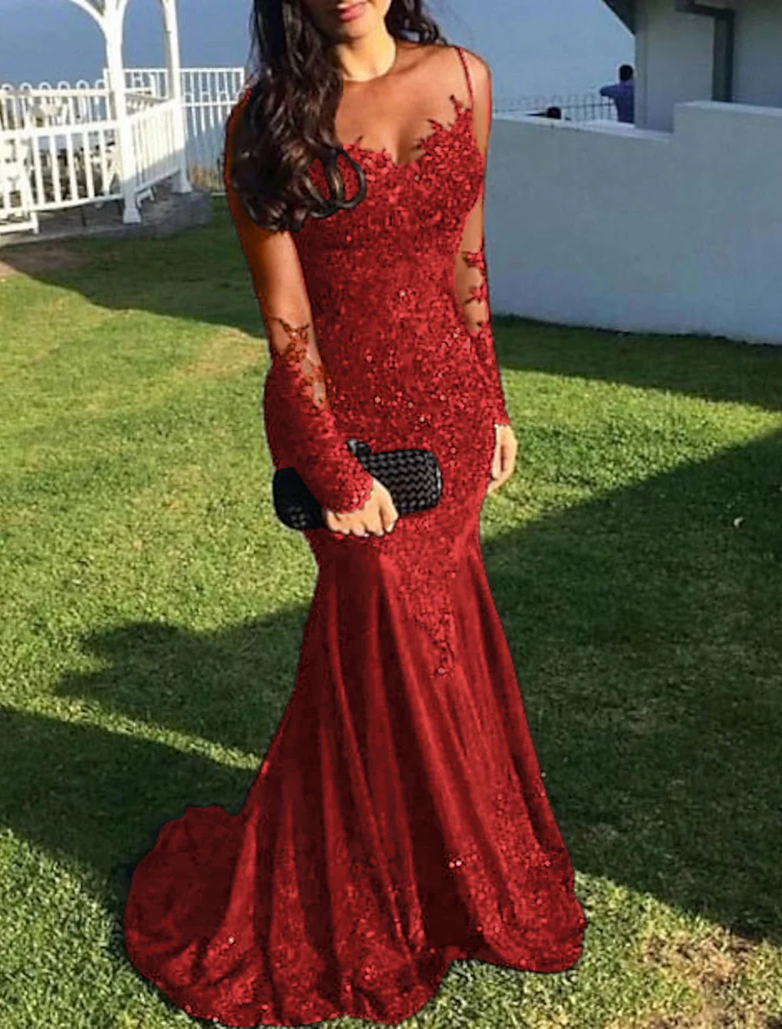 Mermaid Black Dress Evening Gown Sequin Prom Dress Sparkle Formal Gown Sweep / Brush Train Long Sleeve Illusion Neck Lace with Appliques 2025