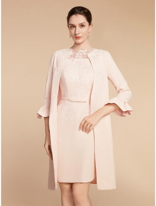 Two Piece A-Line Mother of the Bride Dress Wedding Guest Elegant Petite Jewel Neck Short / Mini Lace Fabric 3/4 Length Sleeve with Bow(s) Ruffles Solid Color