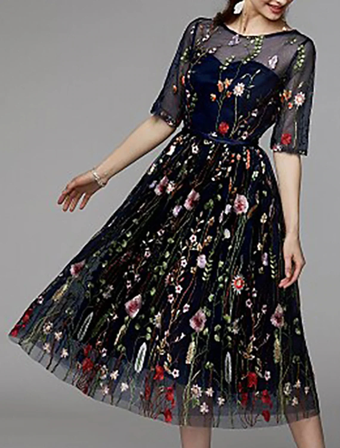 A-Line Party Dress Holiday Wedding Guest Tea Length Half Sleeve Illusion Neck Fall Wedding Guest Organza with Embroidery Appliques