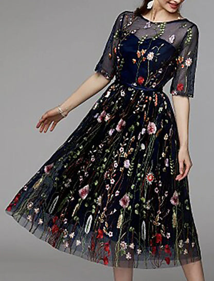 A-Line Party Dress Holiday Wedding Guest Tea Length Half Sleeve Illusion Neck Fall Wedding Guest Organza with Embroidery Appliques