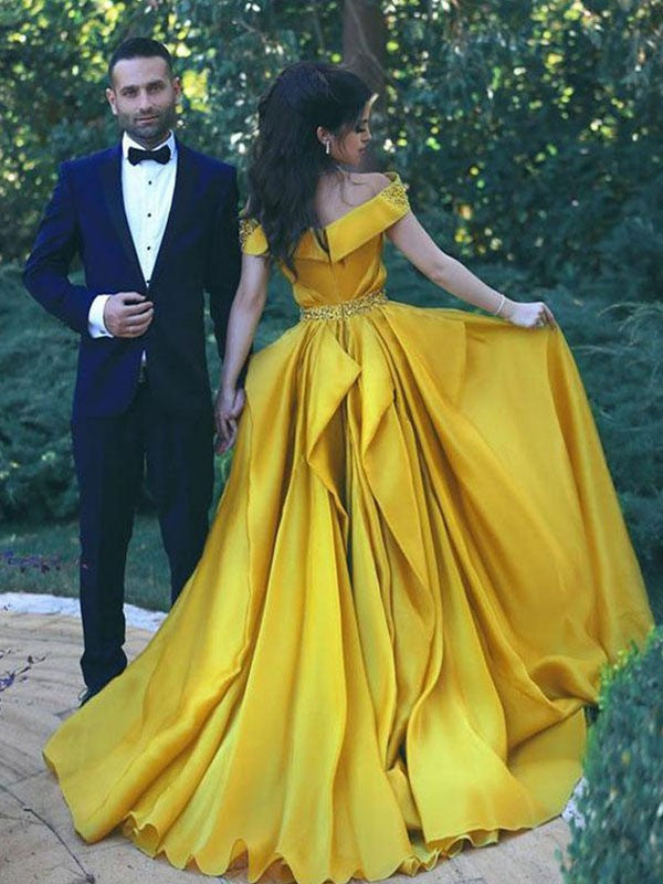 A-Line/Princess Off-the-Shoulder Sleeveless Sweep/Brush Train Beading Satin Chiffon Dresses