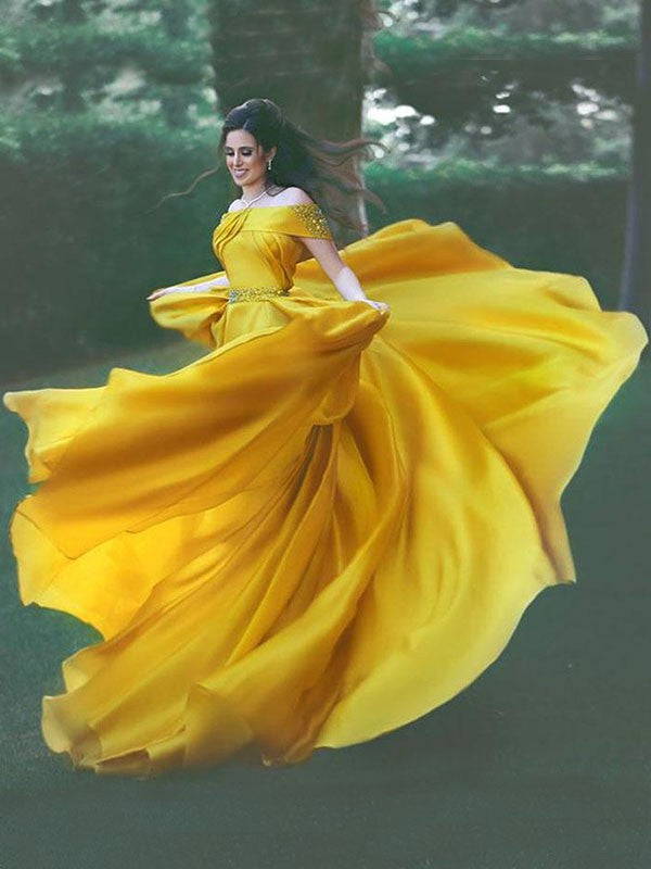 A-Line/Princess Off-the-Shoulder Sleeveless Sweep/Brush Train Beading Satin Chiffon Dresses