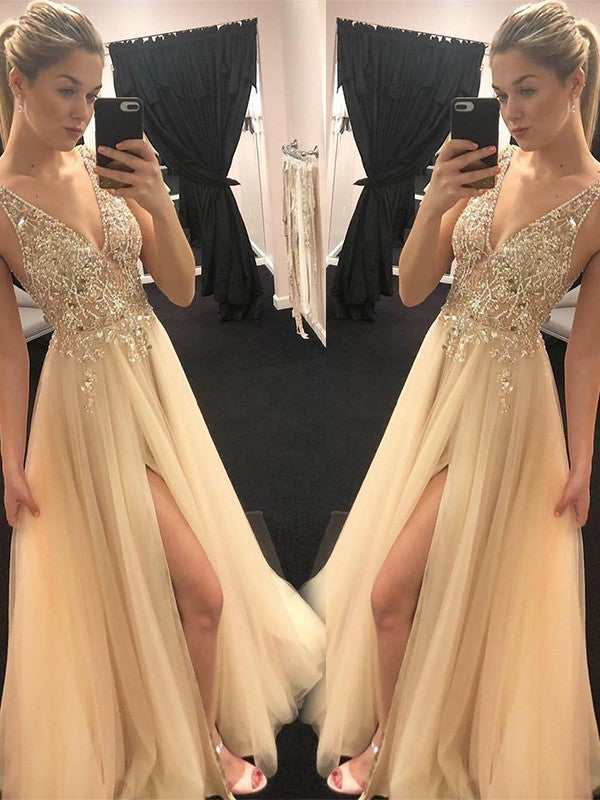 A-Line/Princess V-neck Sleeveless Floor-Length Beading Tulle Dresses