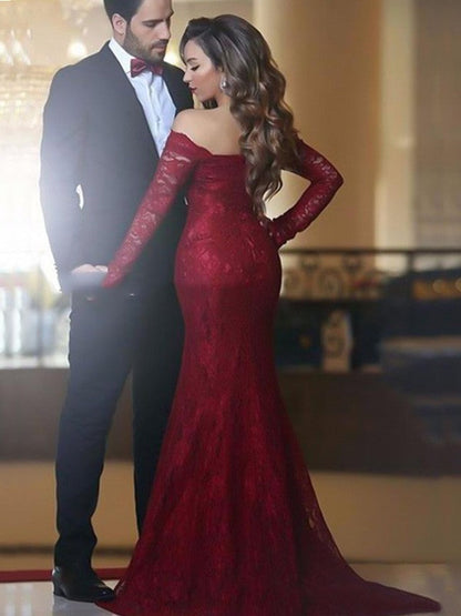 Trumpet/Mermaid Off-the-Shoulder Long Sleeves Sweep/Brush Train Ruffles Lace Dresses