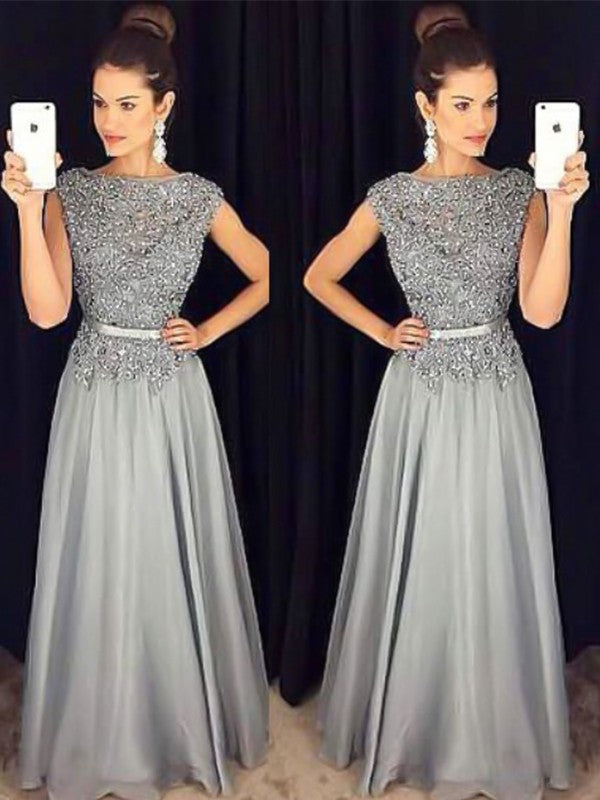 A-Line/Princess Bateau Sleeveless Floor-Length Applique Chiffon Dresses