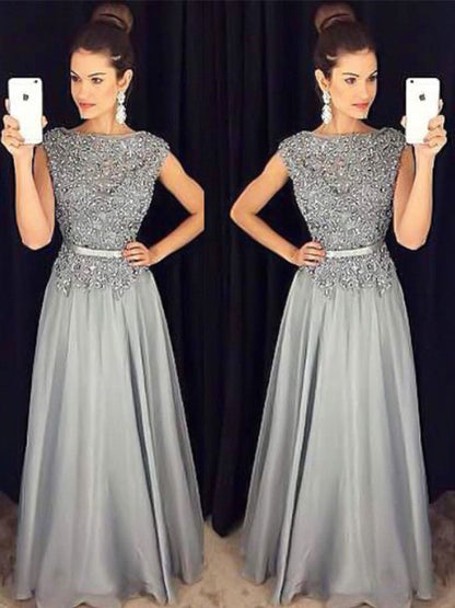 A-Line/Princess Bateau Sleeveless Floor-Length Applique Chiffon Dresses