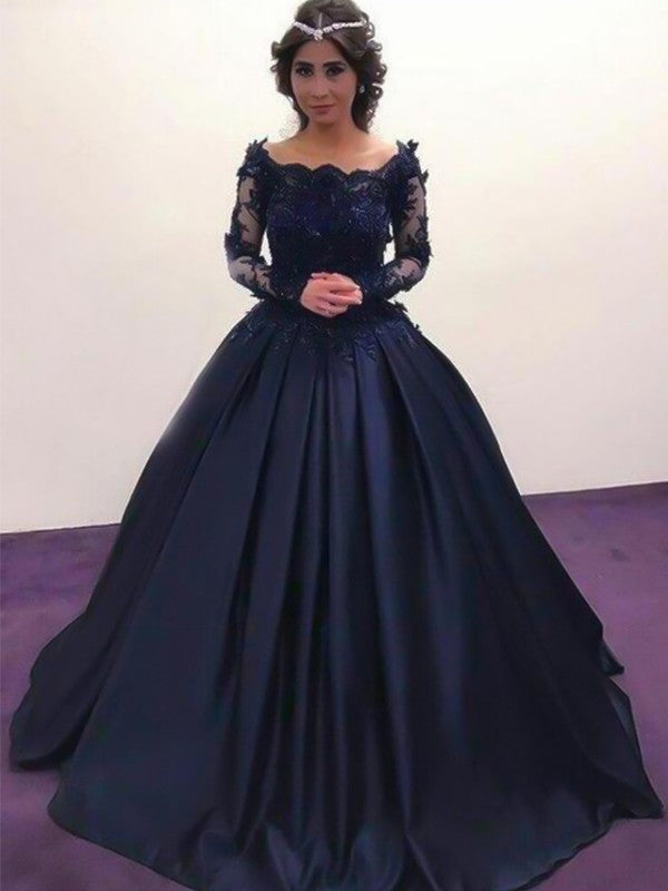 Ball Gown Bateau Long Sleeves Sweep/Brush Train Applique Satin Dresses