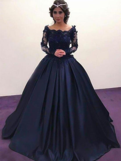 Ball Gown Bateau Long Sleeves Sweep/Brush Train Applique Satin Dresses