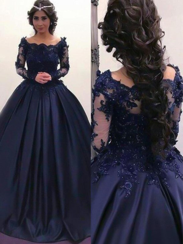 Ball Gown Bateau Long Sleeves Sweep/Brush Train Applique Satin Dresses