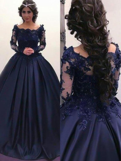 Ball Gown Bateau Long Sleeves Sweep/Brush Train Applique Satin Dresses