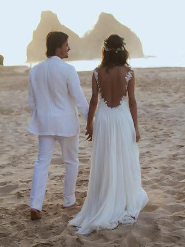 A-Line/Princess Spaghetti Straps Sleeveless Sweep/Brush Train Lace Chiffon Wedding Dresses