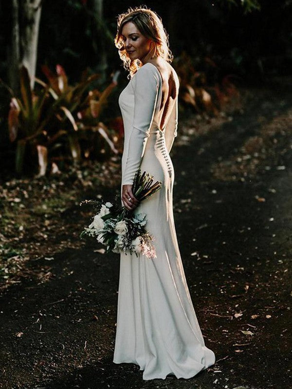 Sheath/Column Jewel Long Sleeves Sweep/Brush Train Ruffles Crepe Wedding Dresses
