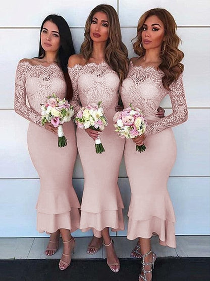 Sheath/Column Off-the-Shoulder Long Sleeves Ankle-Length Lace Crepe Bridesmaid Dresses