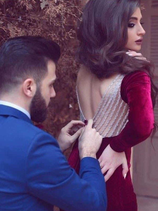 Sheath/Column Jewel Long Sleeves Floor-Length Ruffles Velvet Dresses