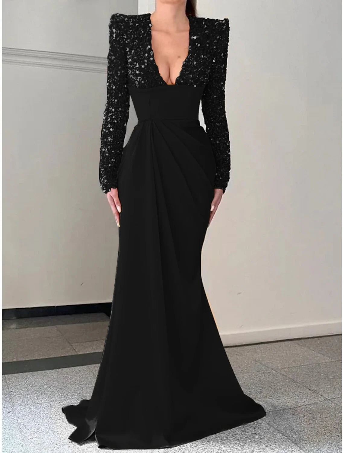 Mermaid / Trumpet Evening Gown Champagne Sparkle & Shine Dress Formal Sweep / Brush Train Long Sleeve V Neck Satin with Pleats Sequin 2026