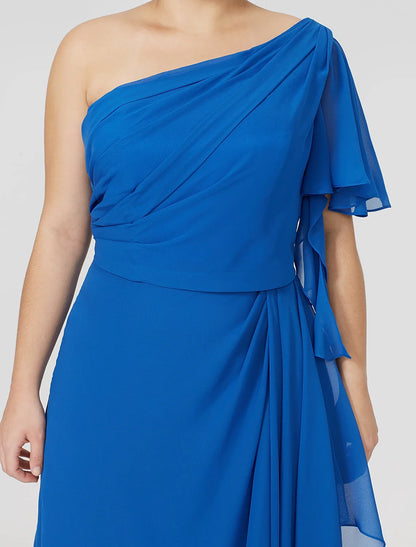 Sheath / Column Mother of the Bride Dress Formal Classic & Timeless Elegant & Luxurious Plus Size One Shoulder Floor Length Chiffon Short Sleeve No with Pleats