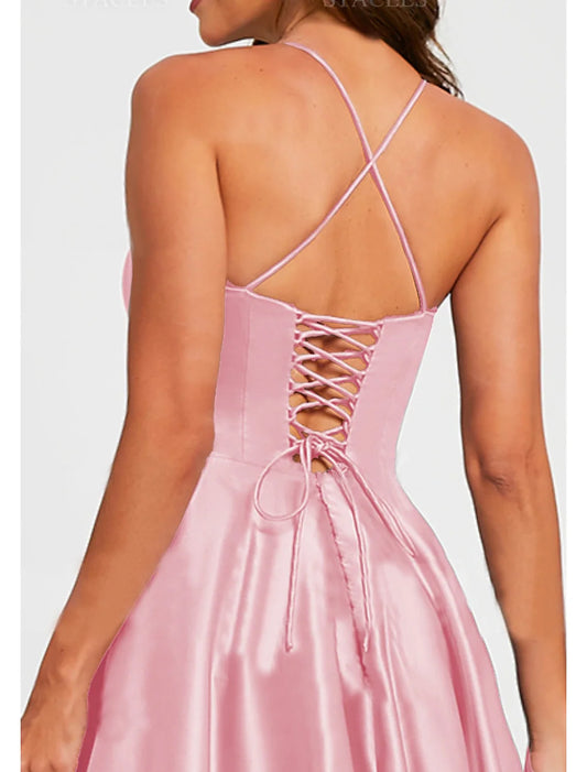 A-Line Prom Dresses Minimalist Dress Formal Wedding Guest Floor Length Sleeveless V Neck Bridesmaid Dress Satin Backless with Pleats Ruched