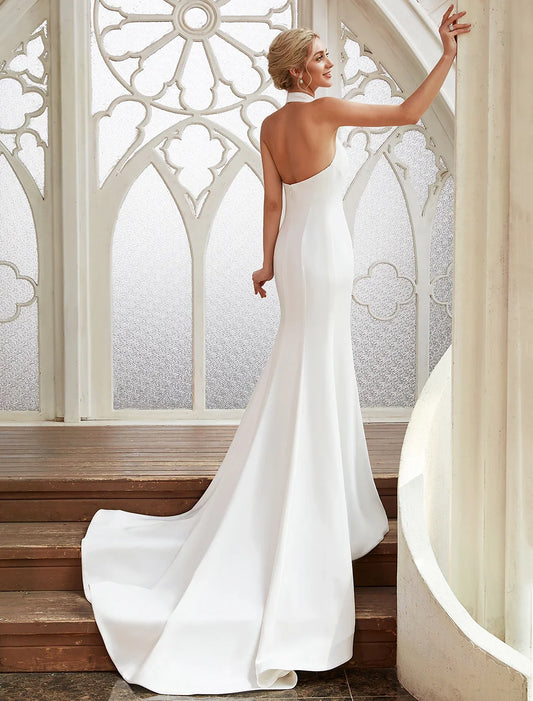 Bridal Shower Casual Open Back Wedding Dresses Court Train Sheath / Column Regular Straps Halter Satin With Pleats Bridal Gowns