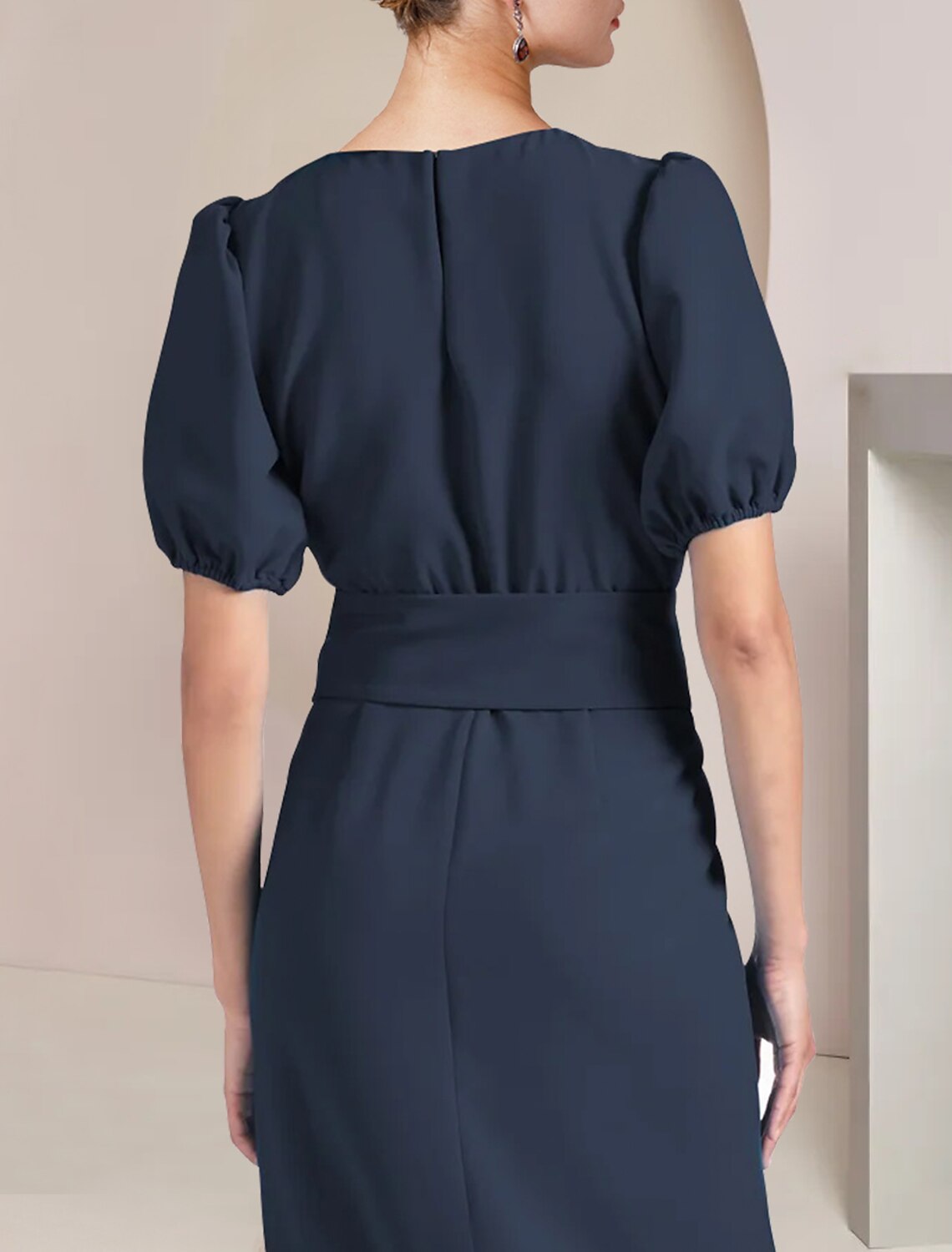 Sheath / Column Mother of the Bride Dress Formal Wedding Guest Elegant Scoop Neck Tea Length Chiffon Short Sleeve with Sash / Ribbon
