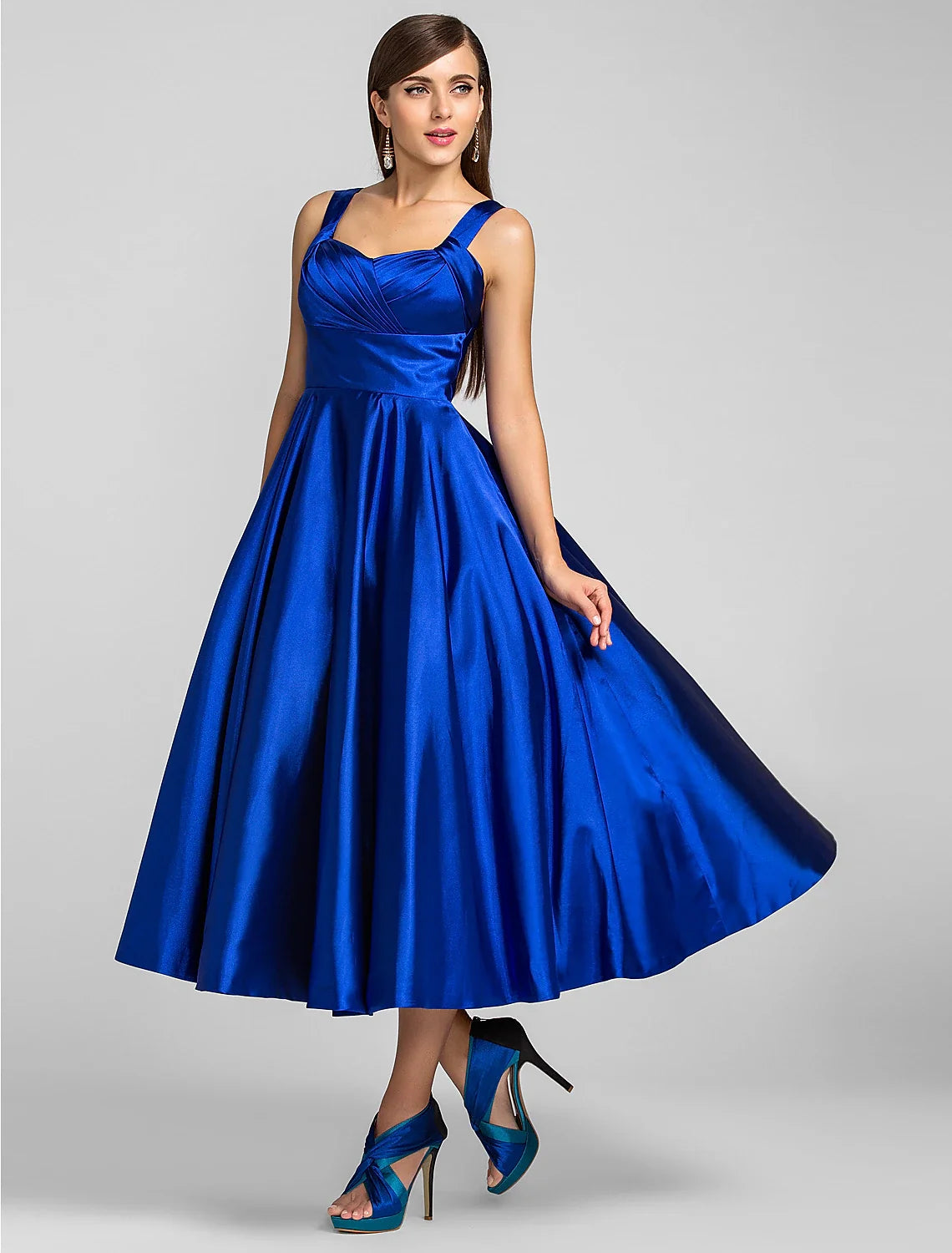 A-Line Minimalist Dress Wedding Guest Cocktail Party Tea Length Sleeveless Square Neck Satin with Criss Cross