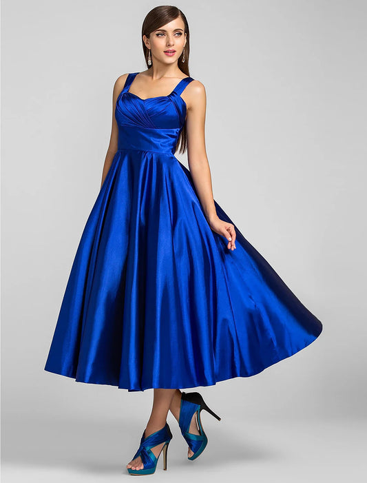 A-Line Minimalist Dress Wedding Guest Cocktail Party Tea Length Sleeveless Square Neck Satin with Criss Cross