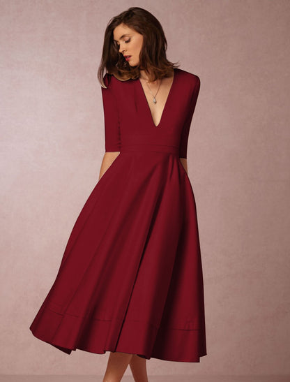 A-Line Special Occasion Dresses Party Dress Holiday Wedding Guest Tea Length Half Sleeve V Neck Pocket Jersey with Pleats White & Ivory ship in 48 hours