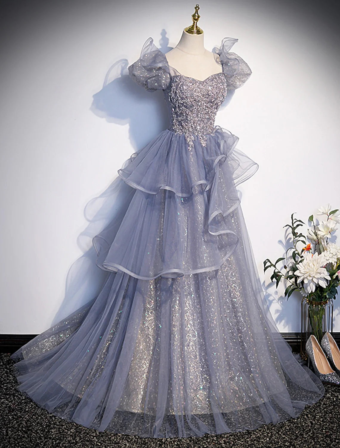 Ball Gown Quinceanera Dresses Princess Dress Performance Floor Length Short Sleeve Square Neck Tulle with Crystals Ruffles