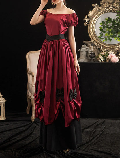 Ball Gown Party Dresses Vintage Dress Halloween Floor Length Short Sleeve Off Shoulder Polyester with Sash / Ribbon Bow(s) Pleats