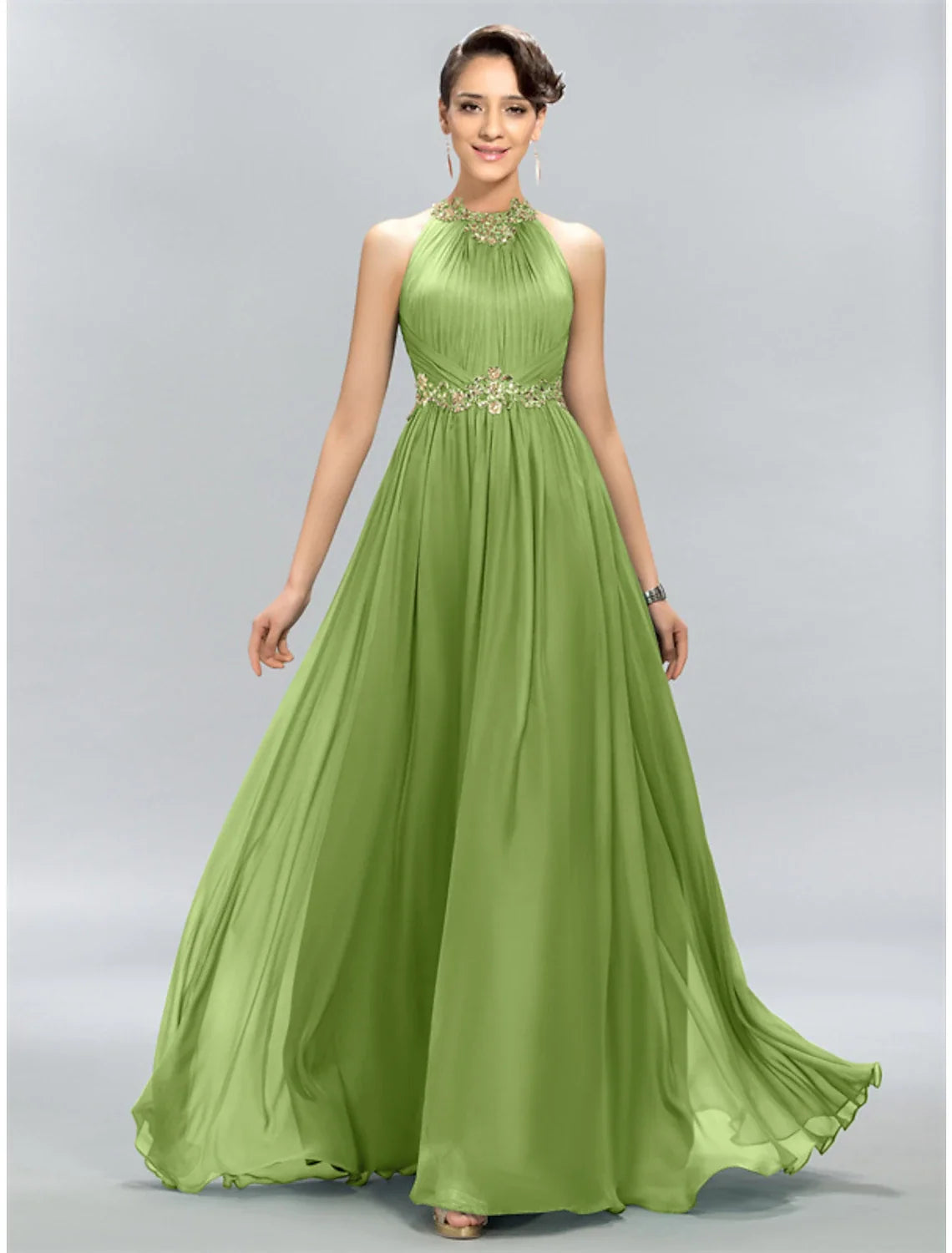 A-Line Wedding Guest Dresses Maxi Dress Party Wear Wedding Party Floor Length Sleeveless Halter Neck Chiffon with Ruched Appliques