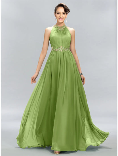A-Line Wedding Guest Dresses Maxi Dress Party Wear Wedding Party Floor Length Sleeveless Halter Neck Chiffon with Ruched Appliques