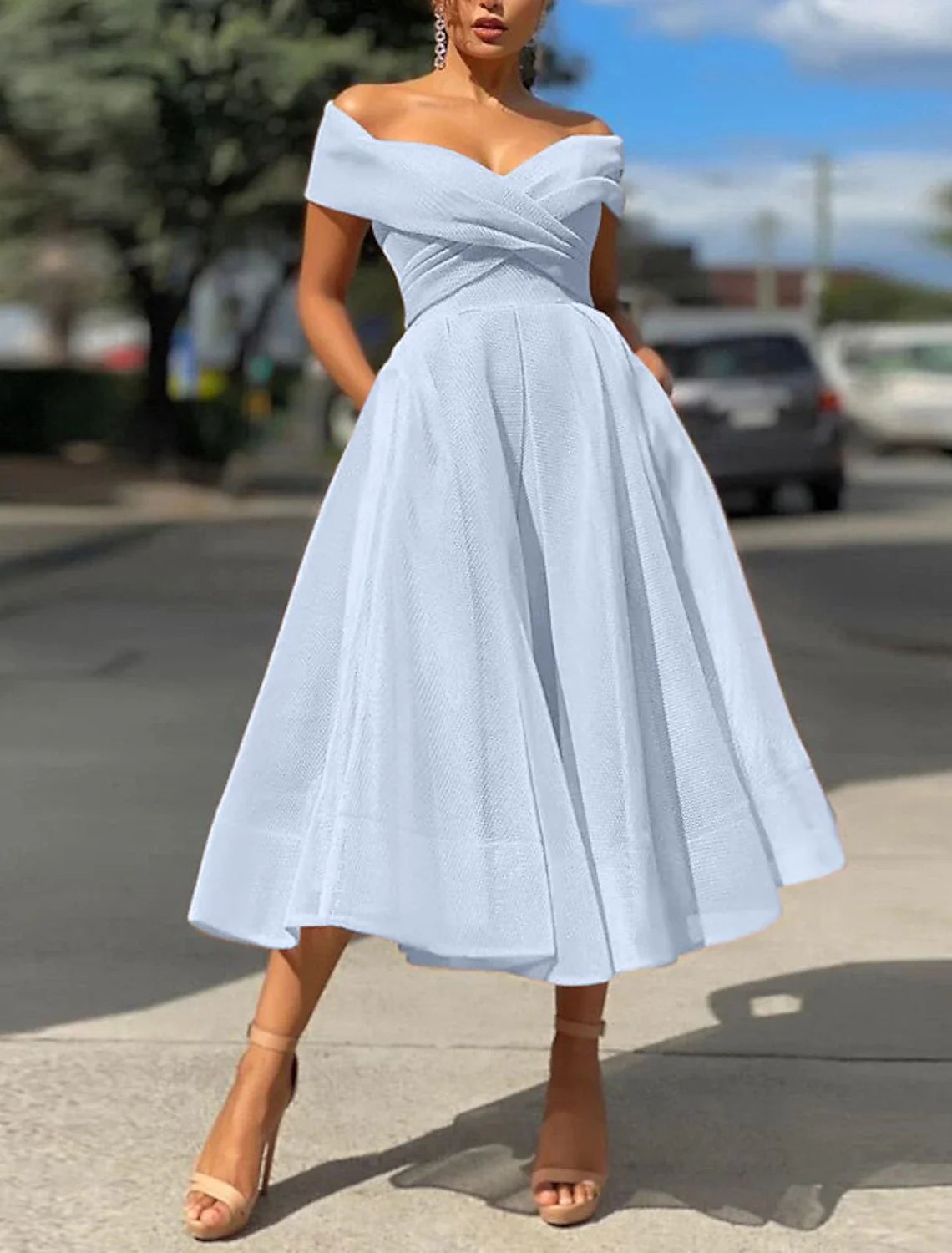 A-Line Cocktail Dresses Vintage Dress Wedding Guest Christmas Red Green Dress Tea Length Sleeveless Off Shoulder Tulle with Pleats 2026