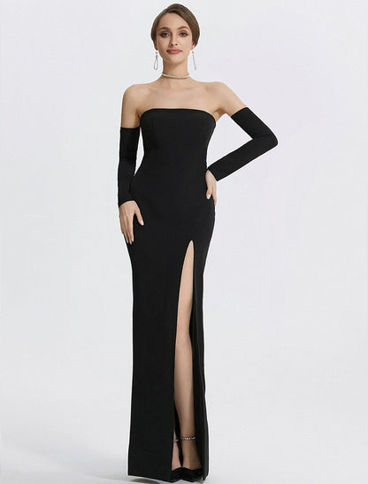 Mermaid Evening Gown Black Dress With Gloves Formal Wedding Guest Floor Length Long Sleeve Strapless Fabric with Slit