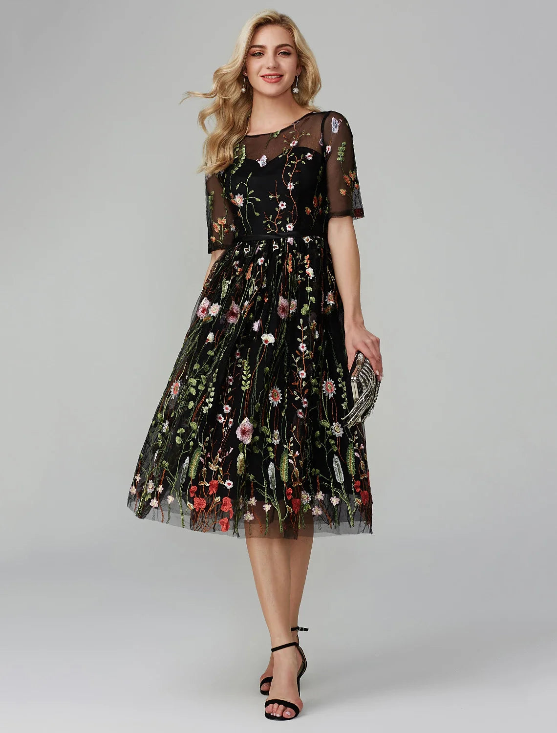 A-Line Party Dress Holiday Wedding Guest Tea Length Half Sleeve Illusion Neck Fall Wedding Guest Organza with Embroidery Appliques