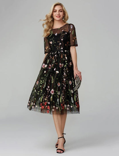 A-Line Party Dress Holiday Wedding Guest Tea Length Half Sleeve Illusion Neck Fall Wedding Guest Organza with Embroidery Appliques