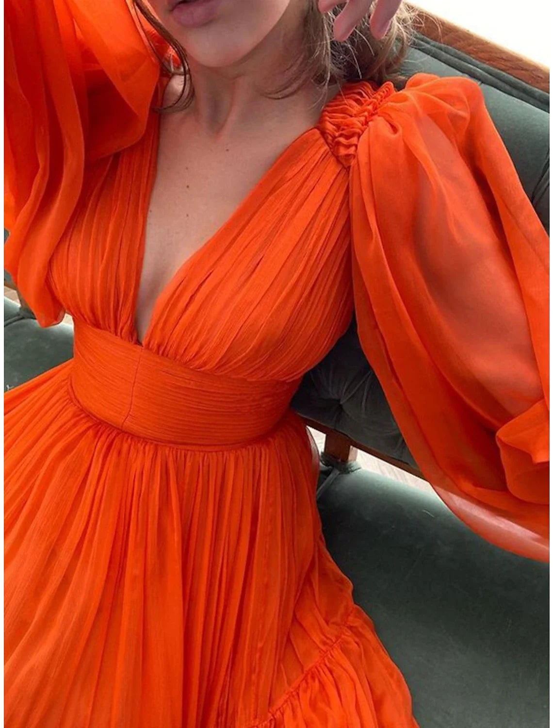 A-Line Evening Gown Elegant Dress Red Green Dress Formal Wedding Guest Floor Length Long Sleeve V Neck Chiffon with Ruched