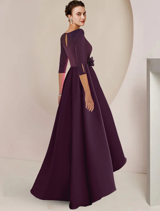 A-Line Mother of the Bride Dress Wedding Guest Elegant High Low V Neck Tea Length Chiffon 3/4 Length Sleeve with Appliques Flower