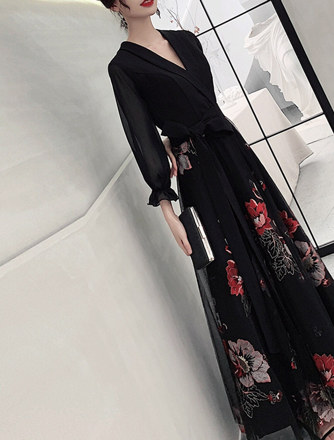 A-Line Floral Prom Formal Evening Dress V Neck 3/4 Length Sleeve Floor Length Spandex with Sash / Ribbon Embroidery