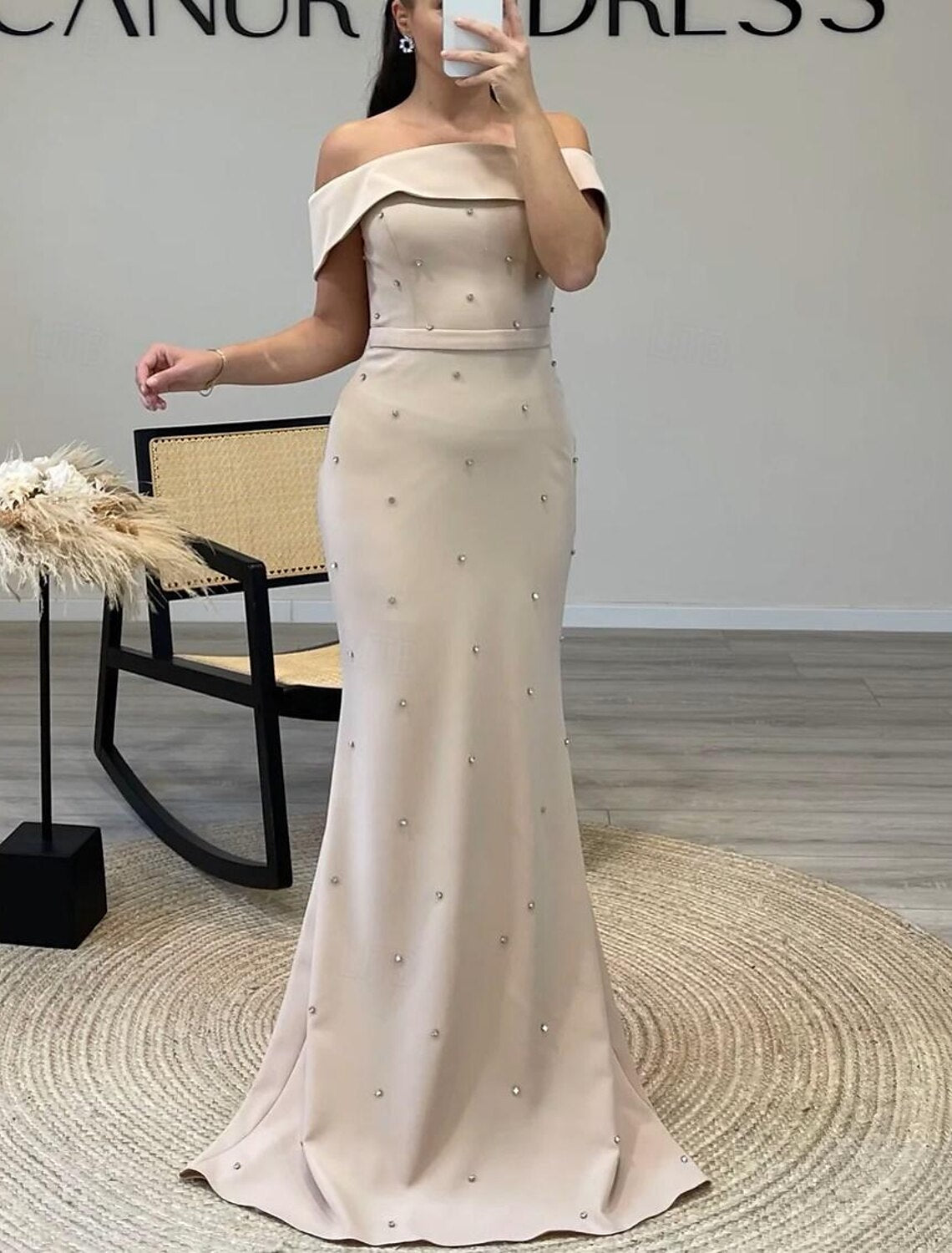 Mermaid / Trumpet Evening Gown Elegant Dress Formal Wedding Guest Floor Length Short Sleeve Off Shoulder Crepe with Beading